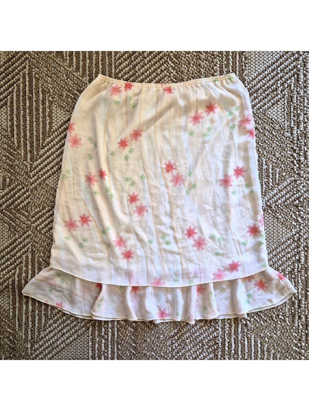 Y2K Coquette Fairycore Pink Floral Ruffle Midi Skirt Cream Tiered XL